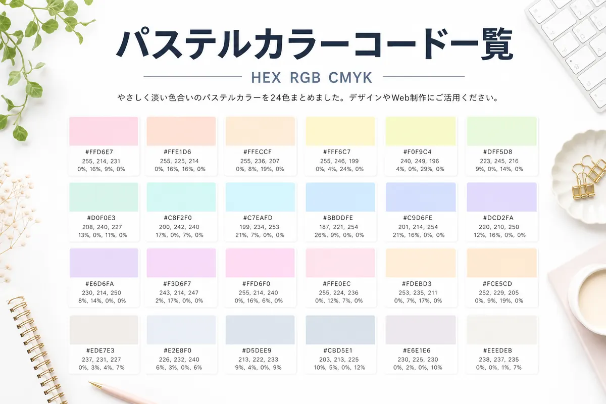 定番24色のパステルカラーコード一覧を示す色見本ボード